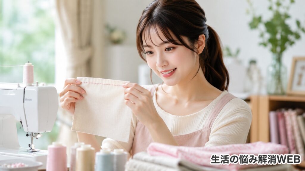 若い女性が縫い終えた布の縫い目を手に取り、きれいに仕上がった状態を確認している様子