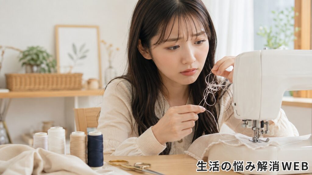 若い女性がミシンの針まわりに絡まった糸を見つめながら、糸の状態を慎重に確認している様子