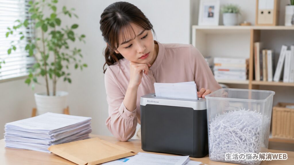 シュレッダーに紙が詰まり、書類や裁断くずを確認しながら原因を探す女性