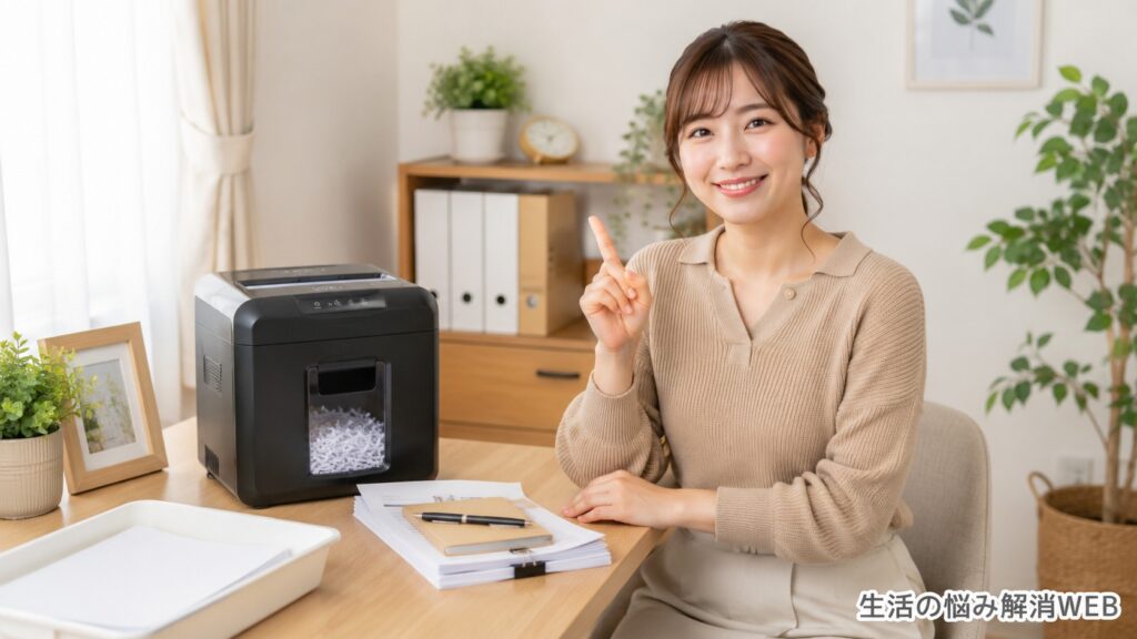 シュレッダーの紙詰まり対策後に書類を整理しながら安心して使う女性