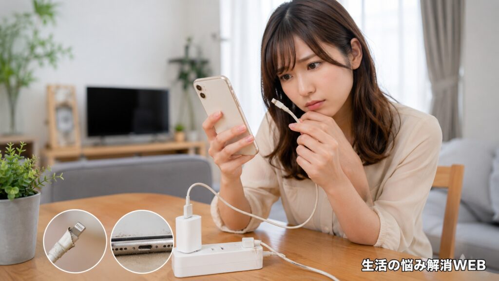 スマホが充電できず、充電ケーブルや端子の汚れを確認している女性
