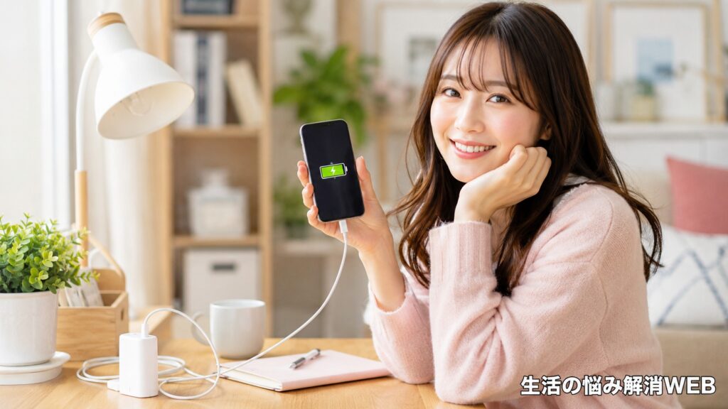スマホの充電が正常にできるようになり、安心した表情で画面を見せる女性