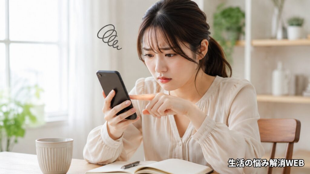 スマホの画面が固まって困り、何度もタップして反応を確かめる若い女性
