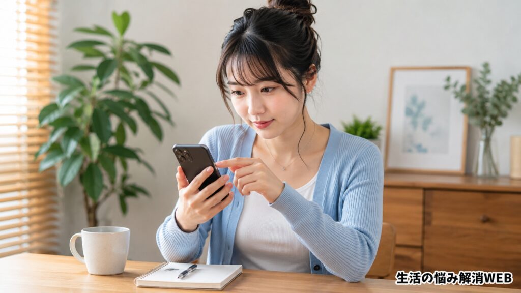スマホの画面が固まった時の対処を落ち着いて試している若い女性