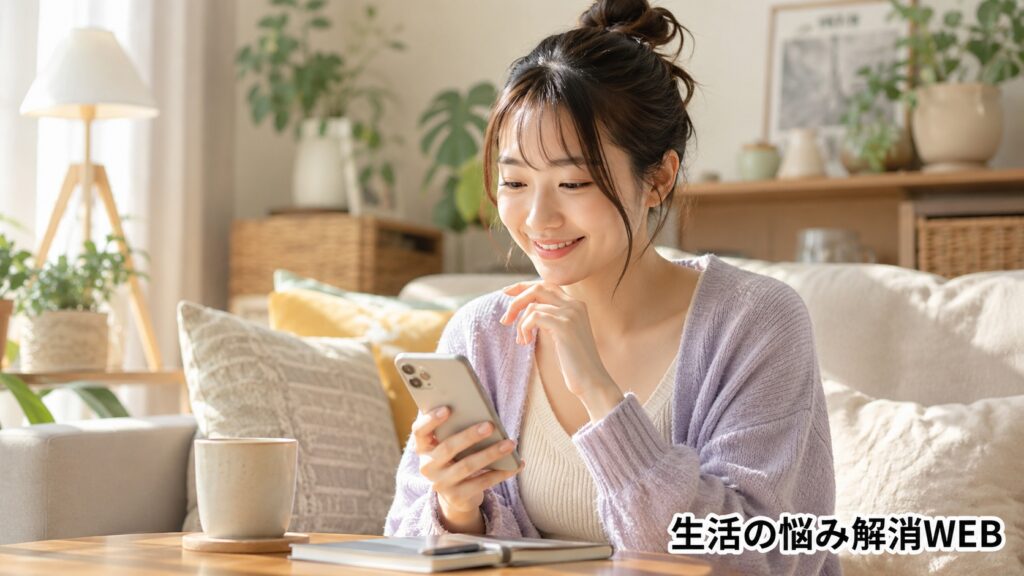 スマホの不具合を確認しながら、原因を整理して対処方法を考えている若い女性