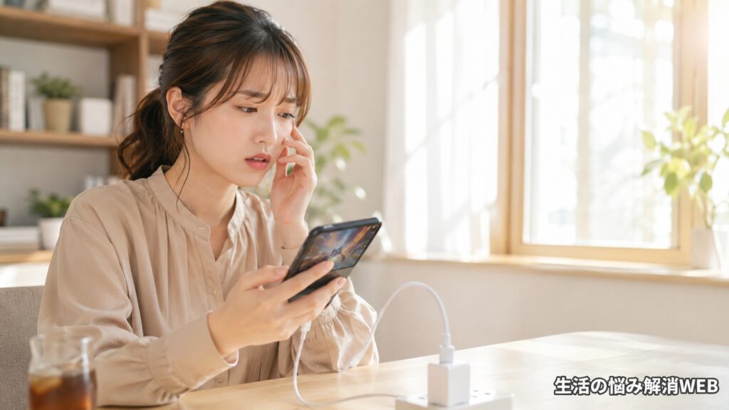 充電しながらスマホを見て本体の発熱に不安を感じている若い女性