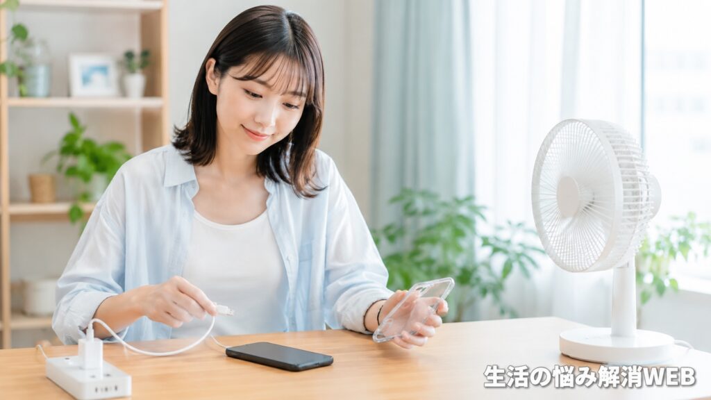 スマホケースを外して充電をやめ、涼しい室内で安全に冷ましている若い女性