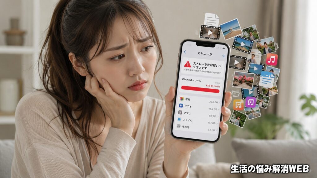 スマホのストレージ容量がいっぱいになり、写真や動画、アプリのデータが増えて困っている女性