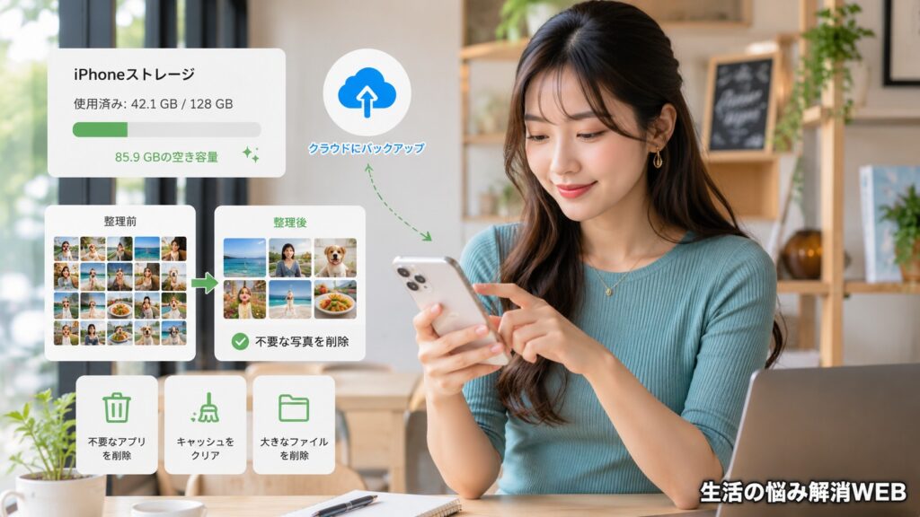 スマホの写真整理やキャッシュ削除、クラウドバックアップで容量を減らしている女性