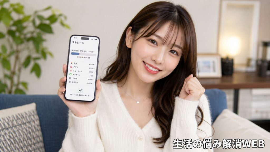 スマホの容量整理が完了し、ストレージに余裕ができて安心している女性