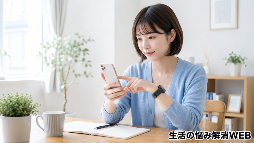 スマートフォンの設定を操作してスマートウォッチの通知を確認する女性