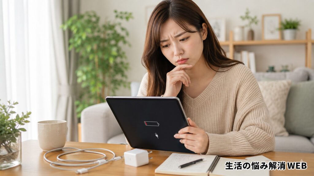 充電切れで電源が入らないタブレットを前に、充電器やケーブルを確認しながら困った表情を見せる女性