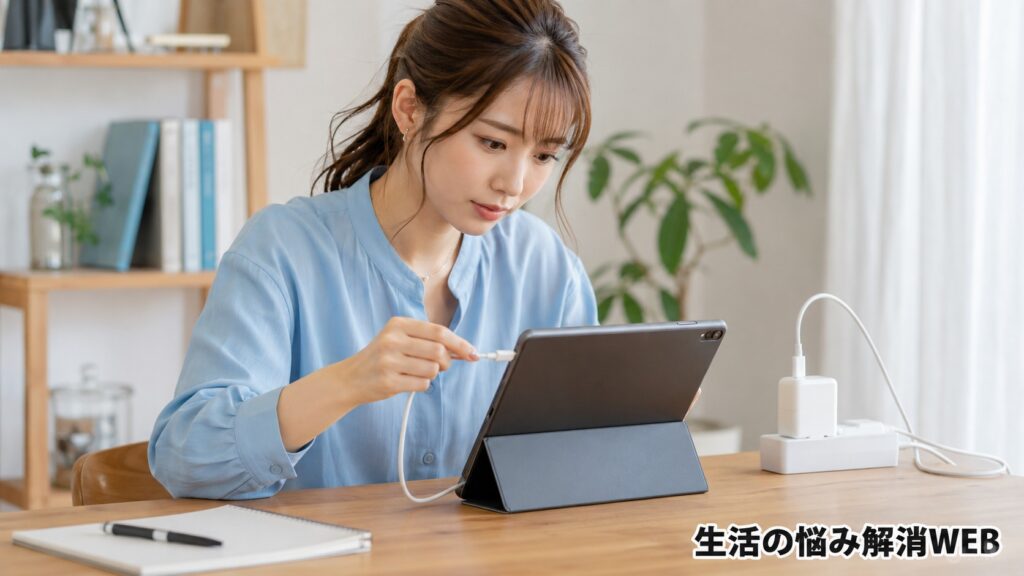 タブレットが動かない時の対策として、充電ケーブルを差し直して接続状態を確認する女性