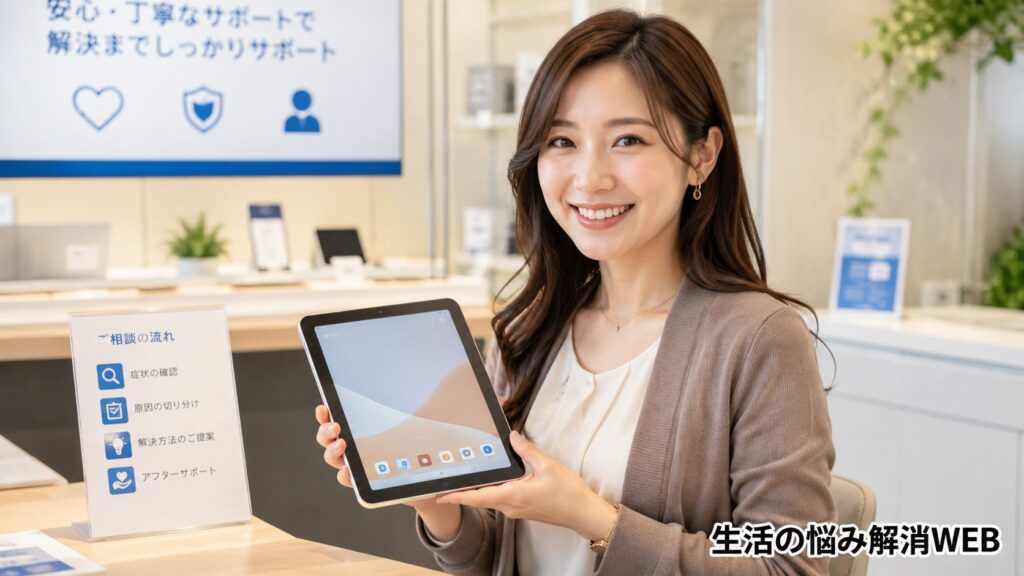 タブレットの不具合相談後、サポートカウンターで端末を持ちながら安心した笑顔を見せる女性