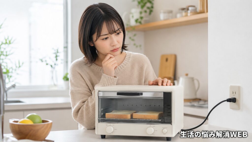 トースターが温まらず、庫内のパンと電源まわりを確認しながら原因を考える女性