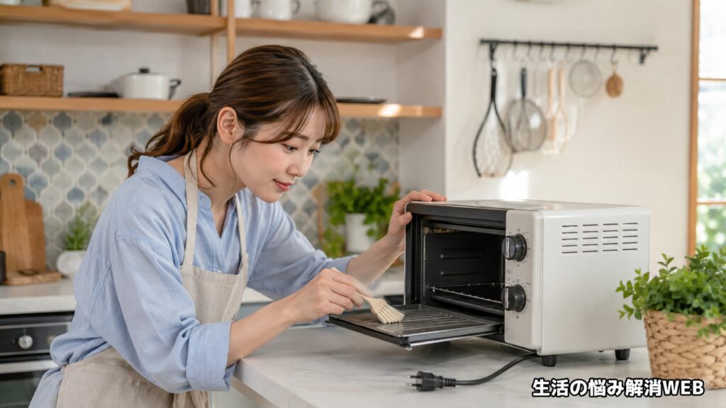 電源プラグを抜いた状態で、トースターの庫内や焼き網をブラシで掃除する女性