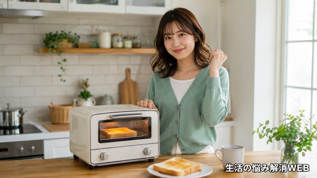 トースターでパンがきれいに焼けて、安心した表情を見せる女性