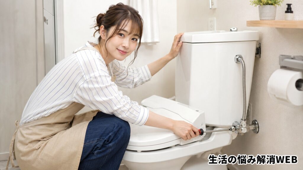 トイレ横の止水栓をドライバーで閉めて応急処置をしている女性