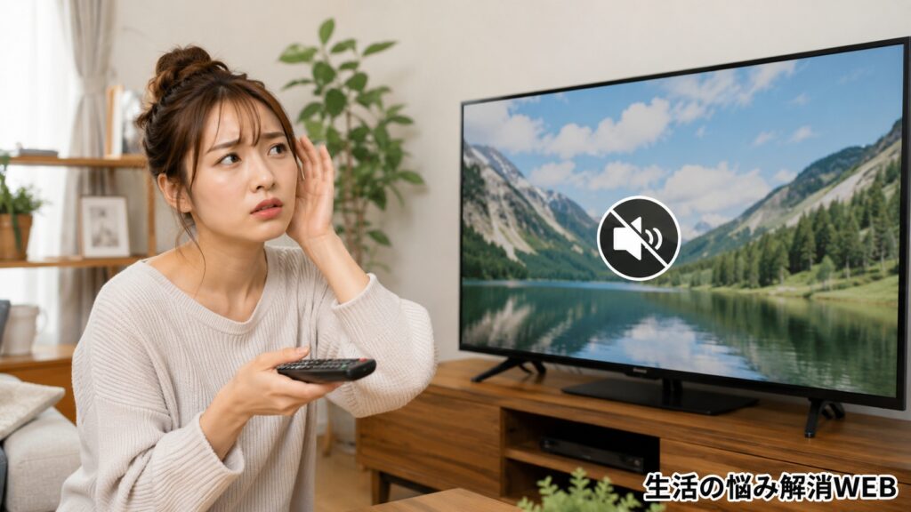 テレビの音だけ出ず、リモコンを持ちながら困った表情で画面を確認している女性
