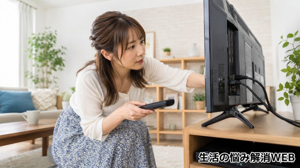 テレビの背面端子やケーブル接続を確認しながら、音が出ない原因を調べている女性