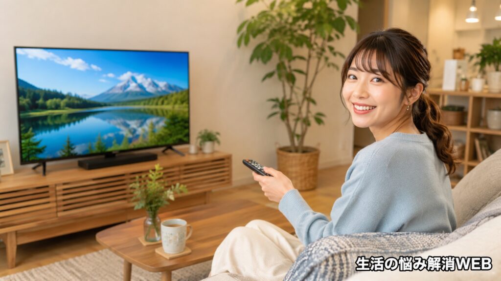 テレビの音が出るようになり、リビングで安心して番組を楽しむ女性