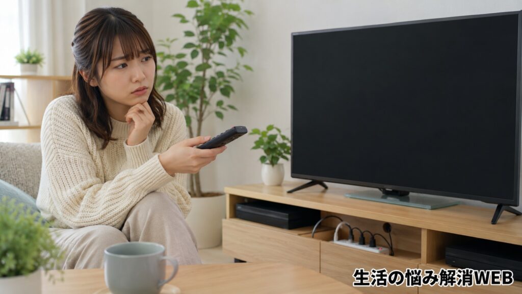 テレビの画面が真っ暗なまま映らず、リモコンを持って原因を考えている女性