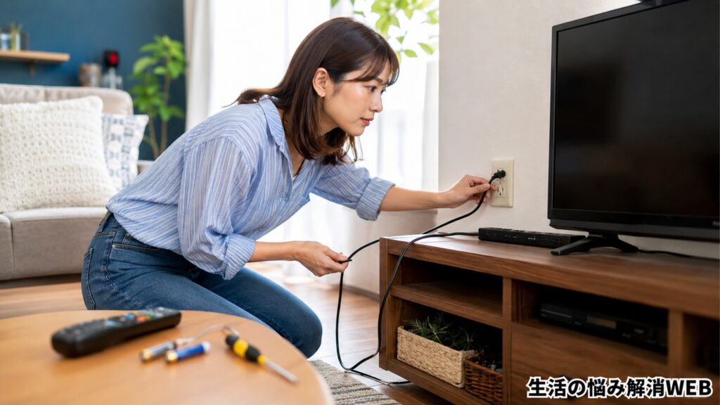 テレビの電源コードとコンセントの接続を確認しながら対処している女性