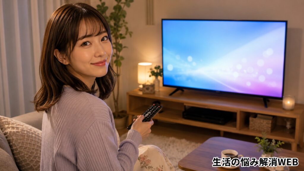テレビが無事に映るようになり、リモコンを持って安心した表情を見せる女性