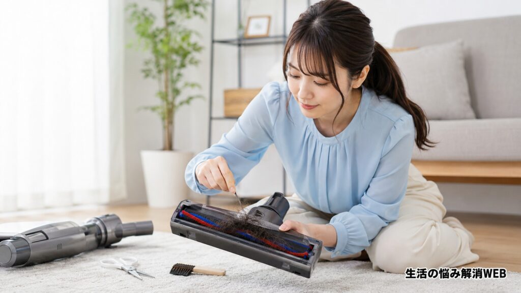 掃除機のヘッドブラシに絡んだ髪の毛を取り除く女性