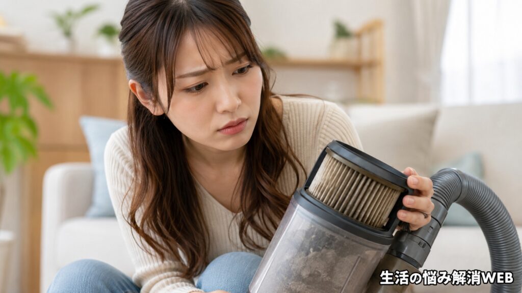 掃除機のフィルターやダストカップを確認する若い女性
