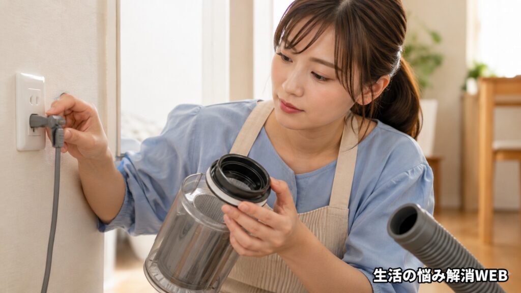 掃除機の電源プラグを抜き、ダストカップやホース部分を確認する若い女性