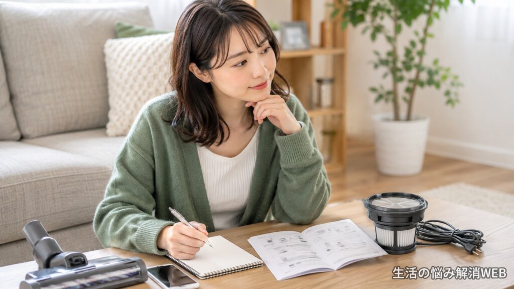 掃除機の部品や取扱説明書を見ながら、修理や買い替えを検討する若い女性