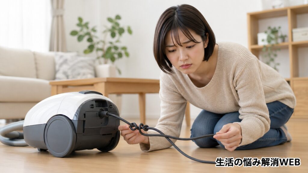 掃除機のコードがねじれて絡まり、戻らない原因を確認している女性