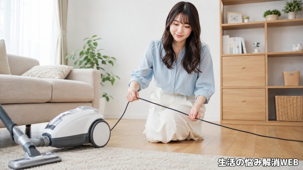 掃除機のコードをまっすぐ整えながら、戻し方を確認している女性