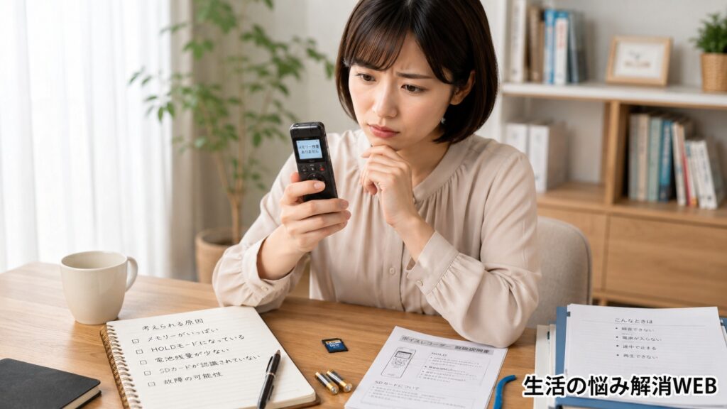 メモリー容量不足を表示するボイスレコーダーと電池やSDカードを確認する女性