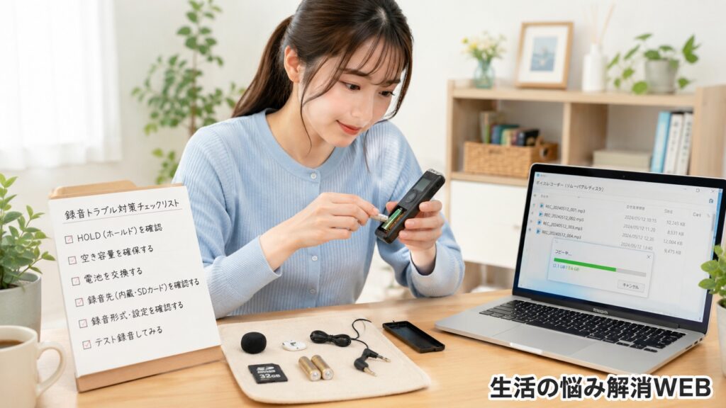ボイスレコーダーの電池やSDカードを確認し、録音データをパソコンへ保存する女性