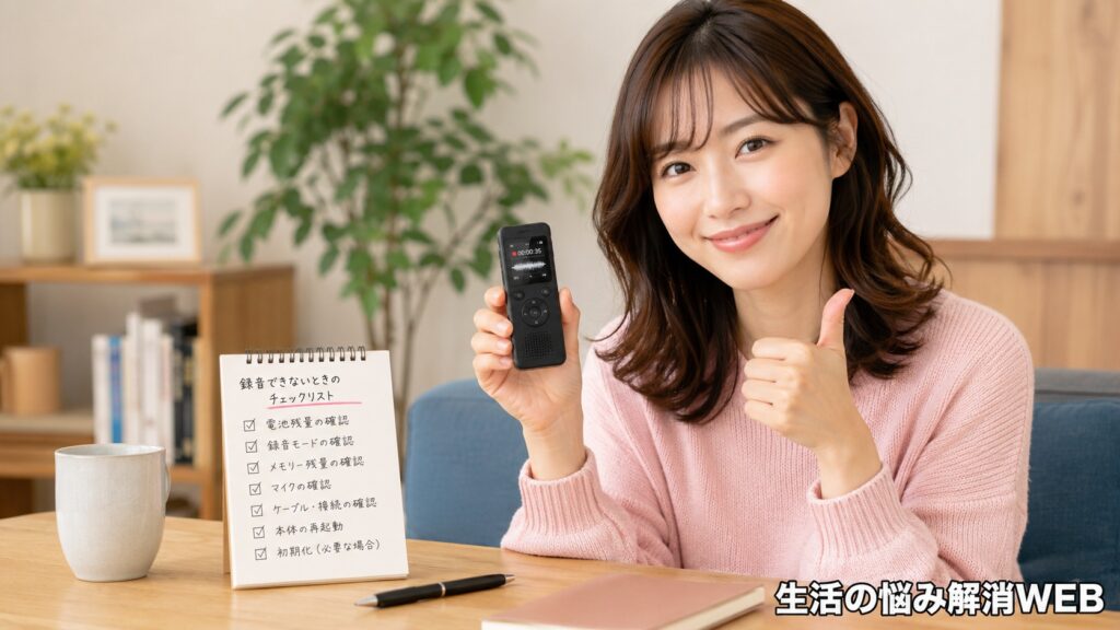 確認手順に沿って録音トラブルを解消し、正常に録音できたボイスレコーダーを持つ女性