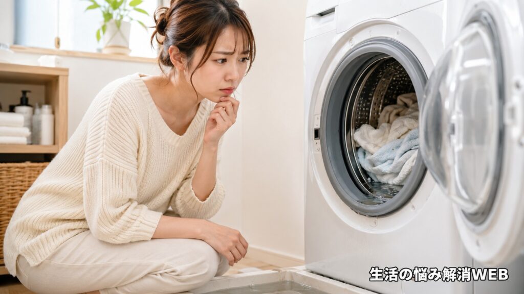 洗濯機の中に水と洗濯物が残り、脱水や排水ができない原因を確認している女性