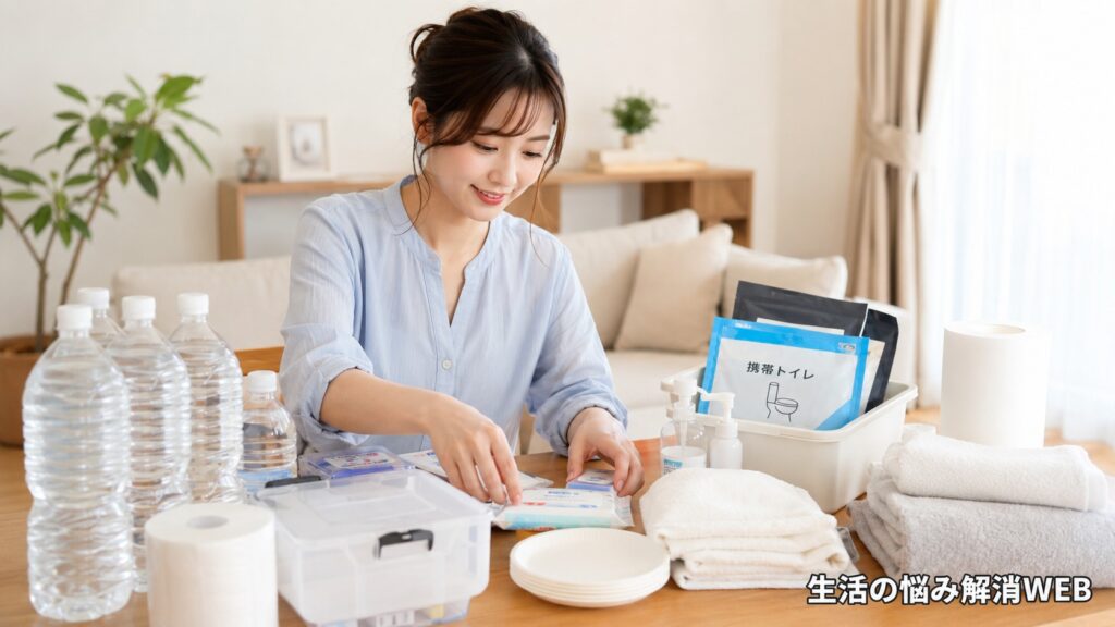 保存水や携帯トイレ、消毒用品、タオルなどを机に並べ、断水時に備えた生活用品を整理する女性