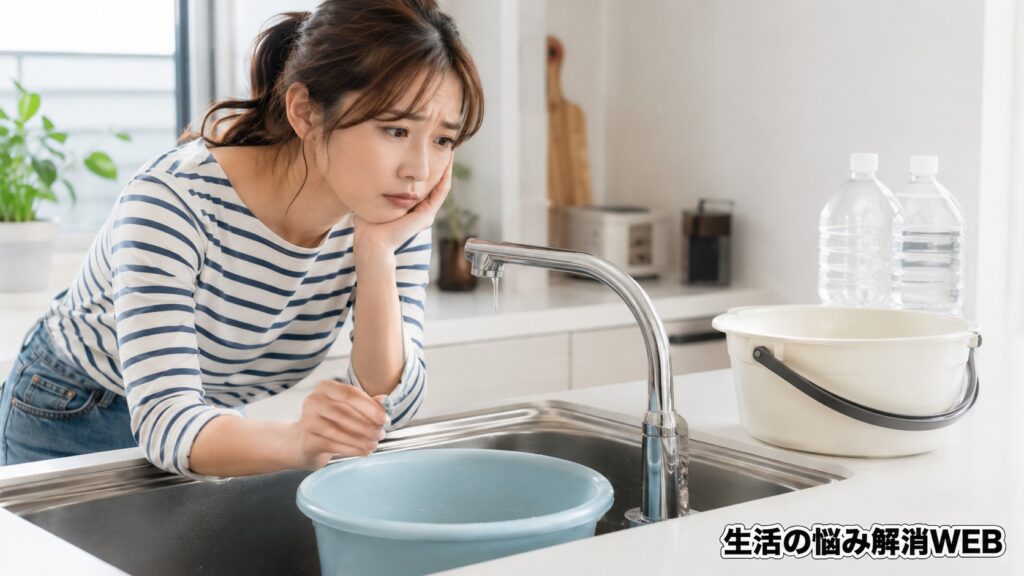 断水で水が出ないキッチンの蛇口を前に、バケツや保存水を用意しながら困った表情で確認する女性