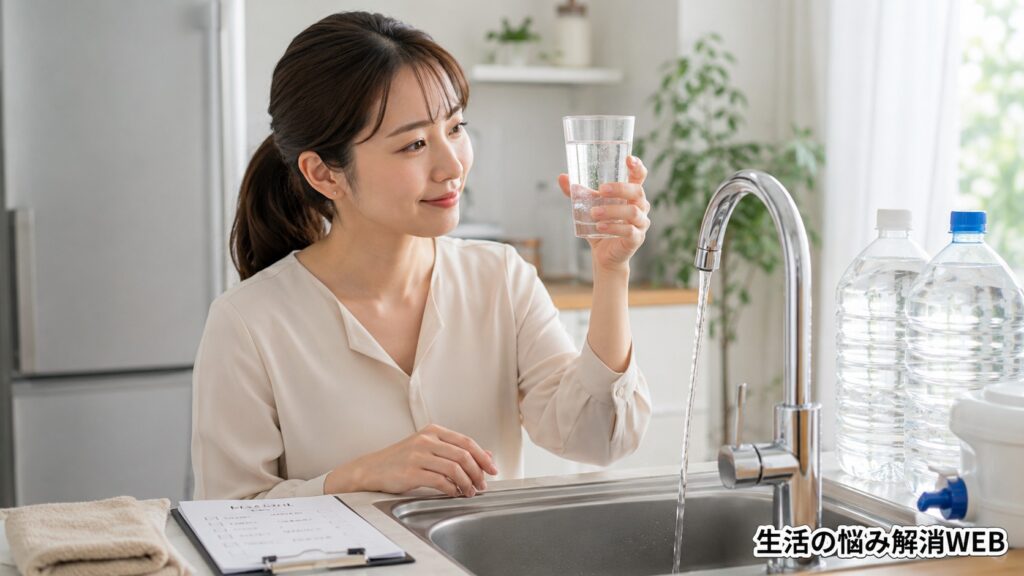 給水再開後の水をコップに入れて確認しながら、保存水やチェックリストをそろえて安全を確かめる女性