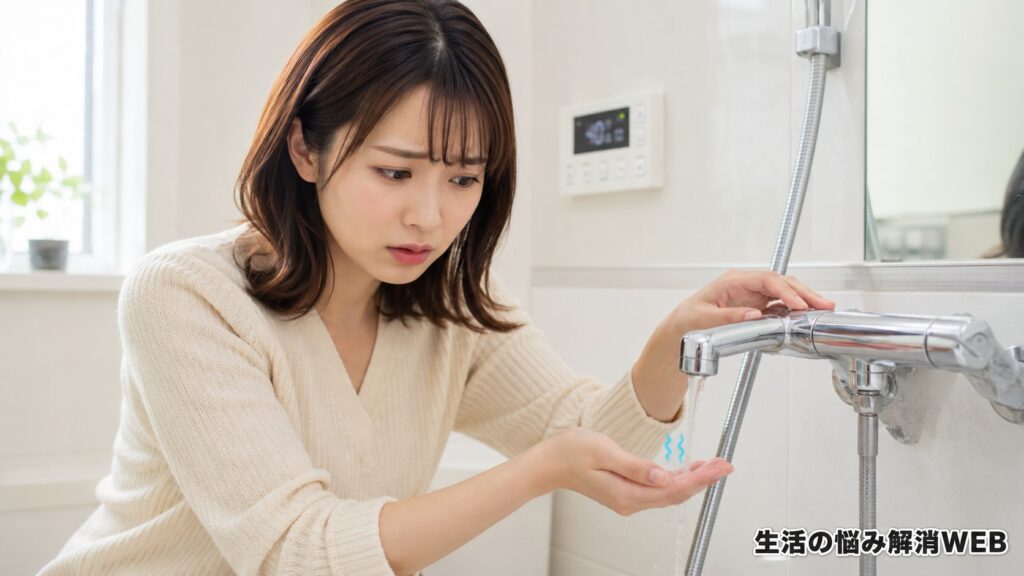 浴室で給湯器のお湯が出ず、蛇口から出る水の温度を手で確かめながら困っている若い女性