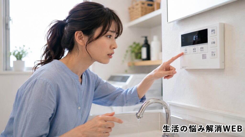 洗面スペースで給湯器のリモコン表示を確認し、エラーや設定をチェックしている若い女性
