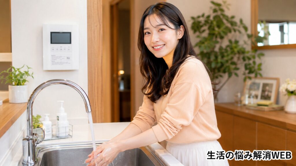 お湯が使えるようになったあと、キッチンで安心した表情で手を洗っている若い女性