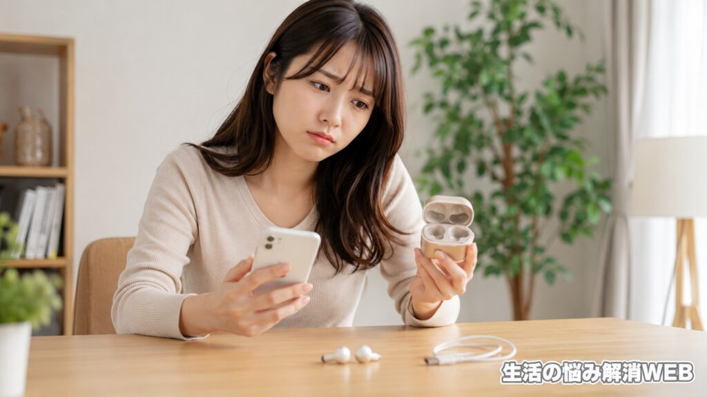 ワイヤレスイヤホンの充電ケースとスマホを見ながら、充電できない原因に悩む女性