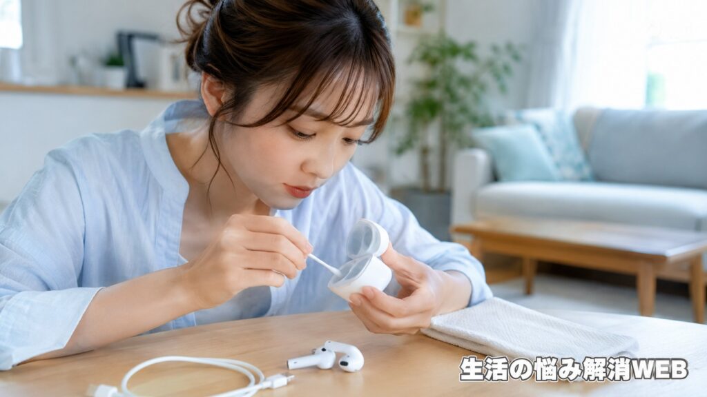 ワイヤレスイヤホンの充電ケース内部を綿棒でやさしく掃除している女性