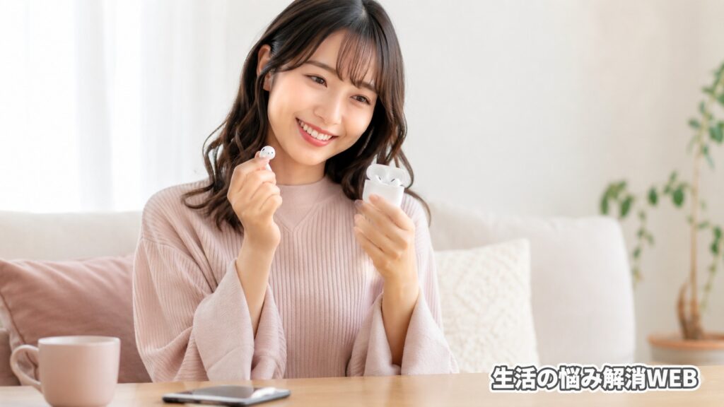充電できるようになったワイヤレスイヤホンを手に持ち安心して笑顔を見せる女性