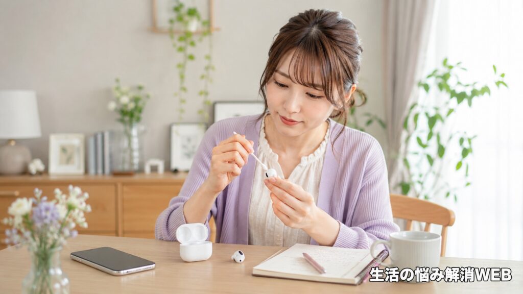 ワイヤレスイヤホンを綿棒でやさしく掃除しながら、片耳トラブルの対策をしている女性