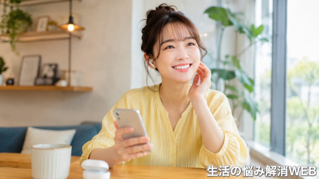 ワイヤレスイヤホンが正常に使えて、スマートフォンを持ちながら笑顔を見せる女性