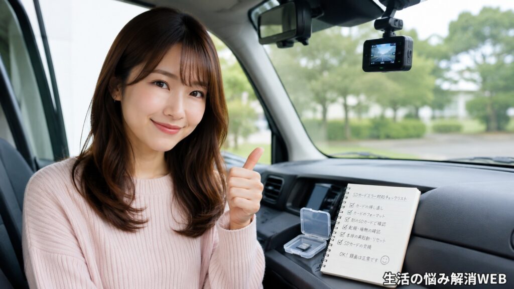 SDカードエラーの確認を終え、正常に録画するドライブレコーダーの前で安心する女性